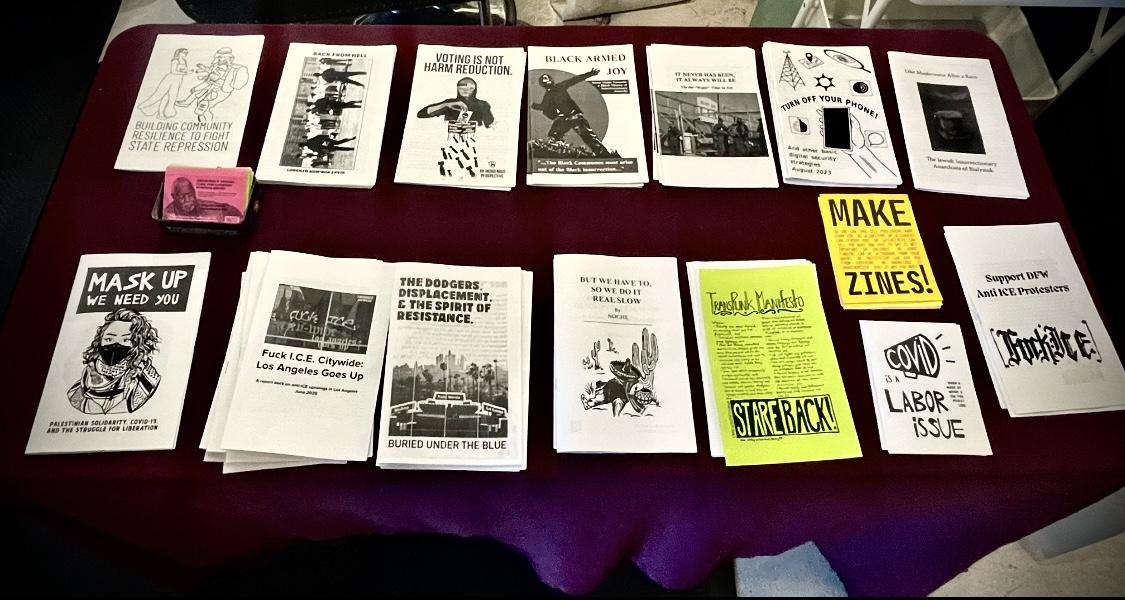 table covered with deep purple tablecloth. on top of the table are about a dozen titles of anarchist zines, arranged in short stacks across two lines.
